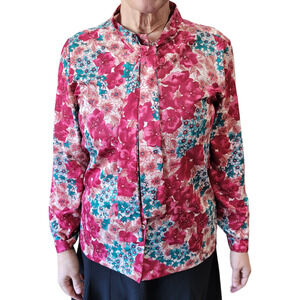 VNTG 80s Bright Floral Silky Tapestry Blouse M Nehru Collar Romantic Coquette